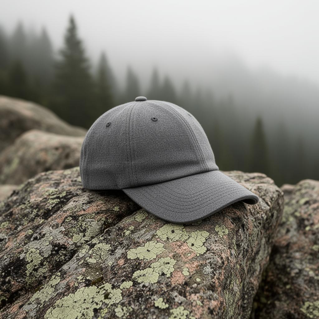 Stone-grey sustainable cap on lichen-covered mountain rocks