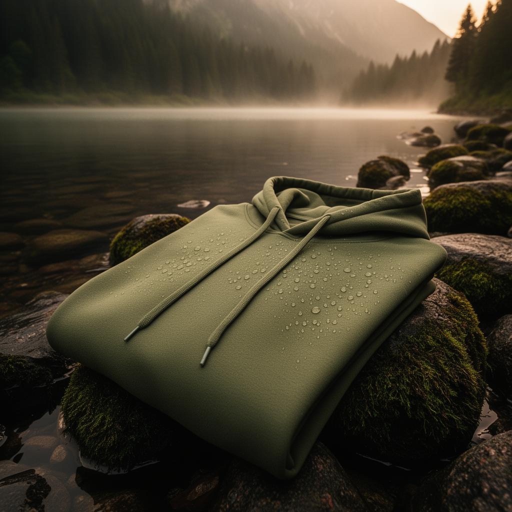 Olive sage organic hoodie on mossy stones by an alpine lake