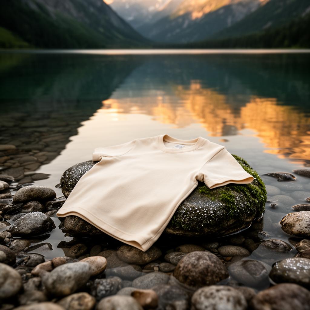 Bone-cream organic t-shirt on lake stones with mountain reflection